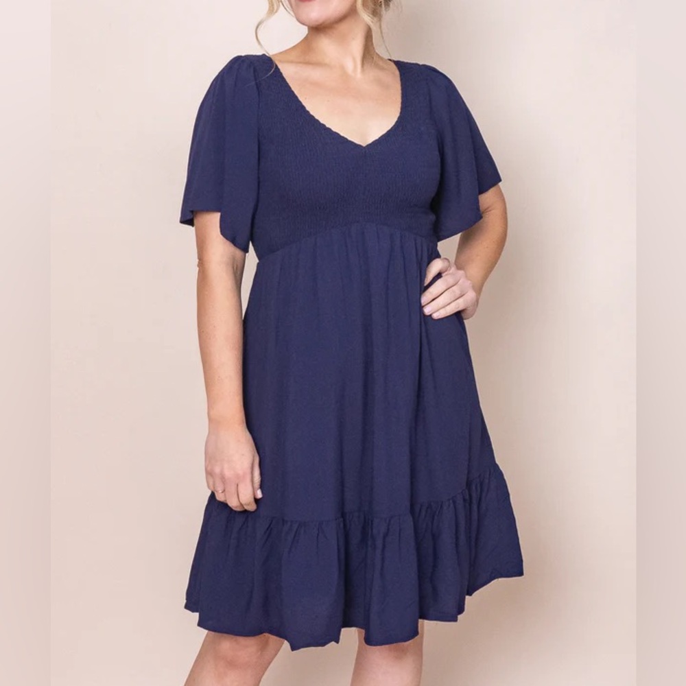 Navy Smocked Bodice Flutter Sleeve Dress